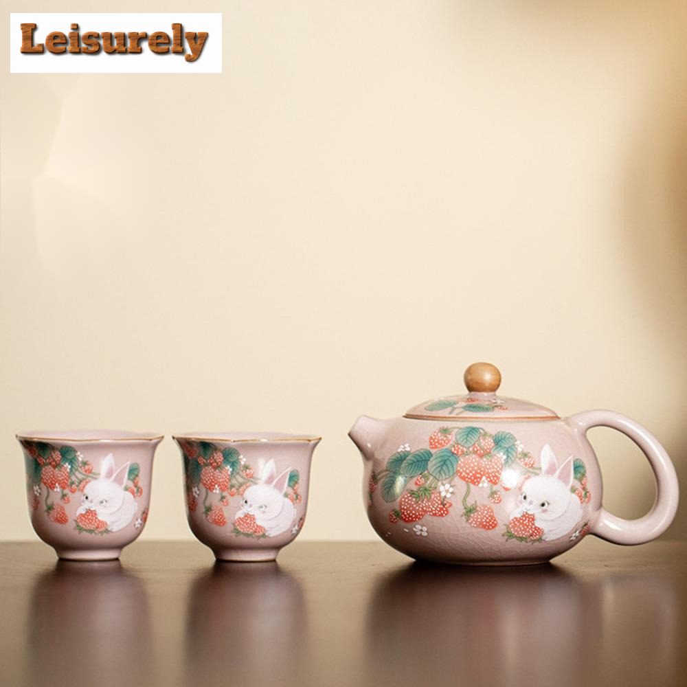 Korean Tea Set - Antique Pink Ru Kiln Teacup Strawberry