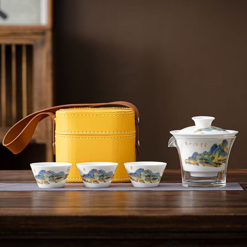 Korean Tea Set - Travel Jade White Porcelain Tea Set,
